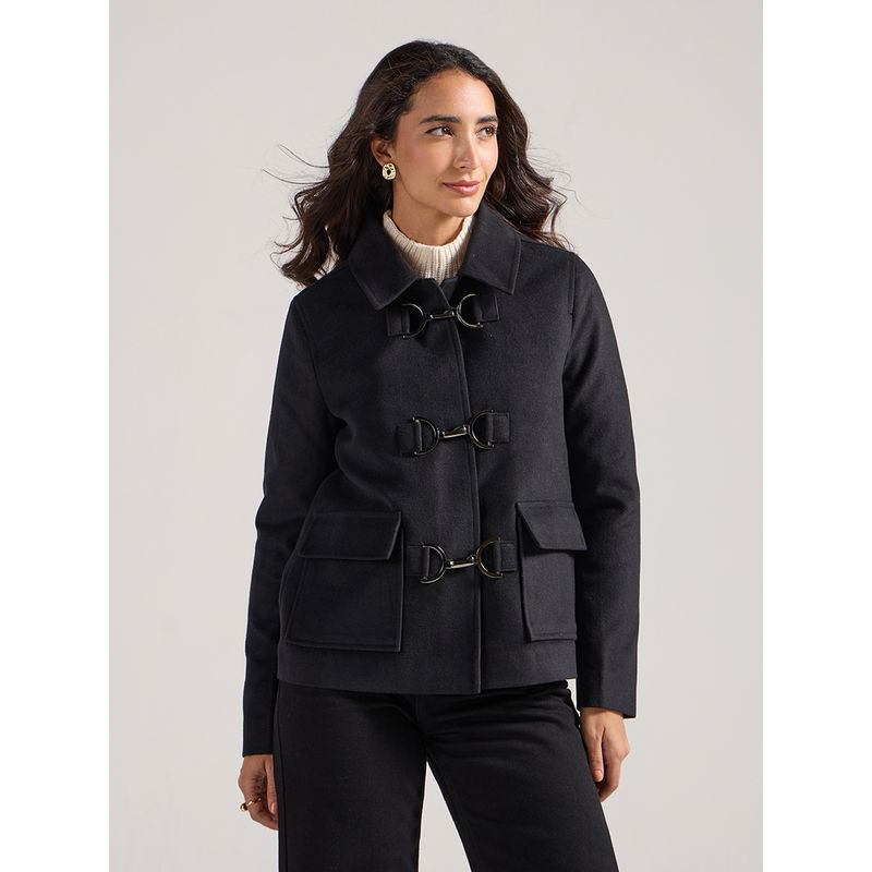 Twenty Dresses by Nykaa Fashion Black Trim Detail Full Sleeves Wintercoat (M)