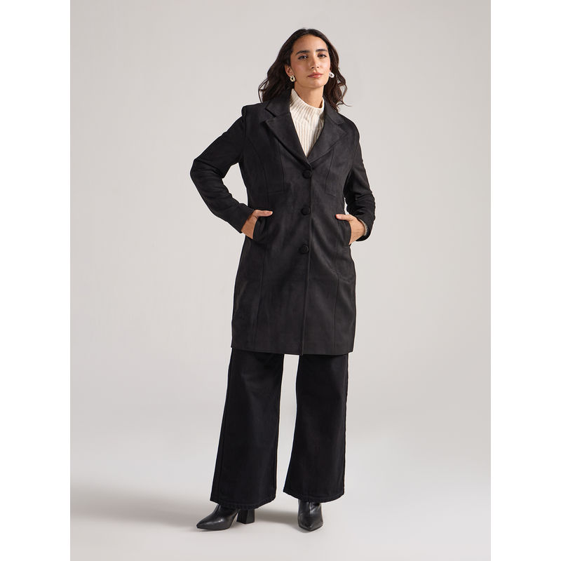 Twenty Dresses by Nykaa Fashion Black Lapel Collar Full Sleeves Overcoat (2XL)