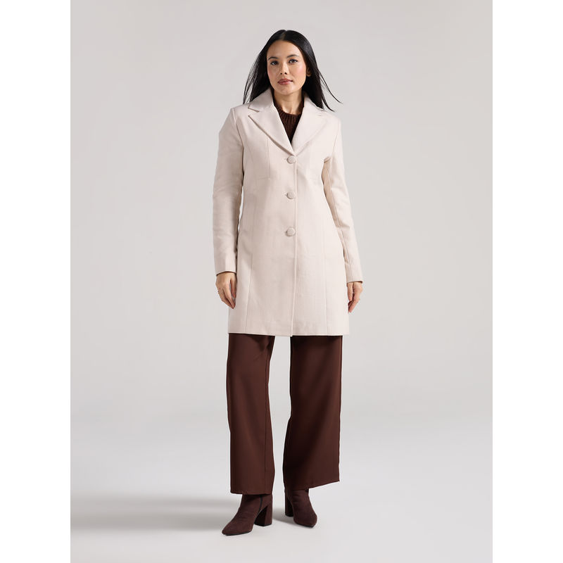Twenty Dresses by Nykaa Fashion Off White Lapel Collar Full Sleeves Overcoat (2XL)