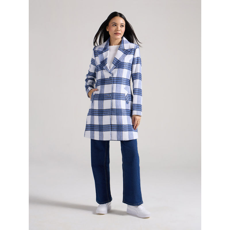 Twenty Dresses by Nykaa Fashion Blue Checkered Lapel Collar Full Sleeves Overcoat (2XL)
