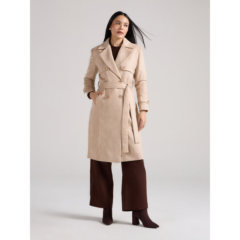 Twenty Dresses by Nykaa Fashion Cream Solid Lapel Collar Long Overcoat with Belt (XL)