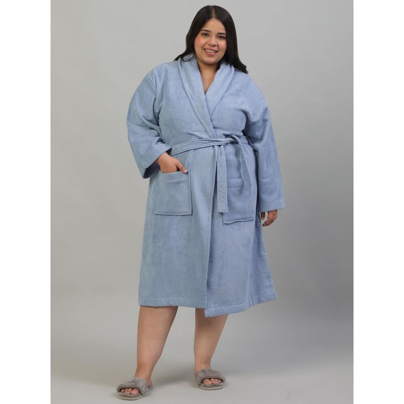 Creeva Unisex Shawl Collar Light Blue Plus Size Luxury Cotton Bathrobe (XL)