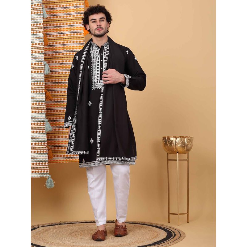Kraft India Men Black Embroidered Kurta with Trouser with Stole (Set of 3) (40)