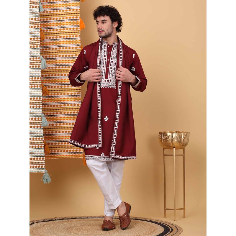 KRAFT INDIA LUXE Men Maroon Embroidered Kurta with Trouser with Stole (Set of 3) (44)