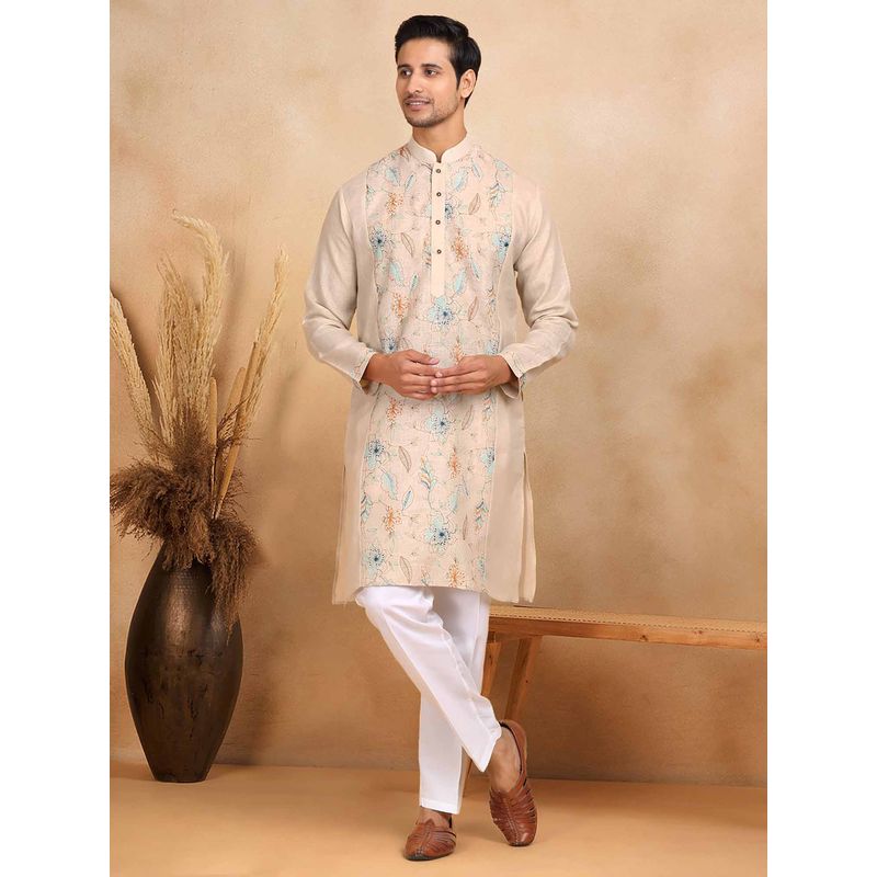 KRAFT INDIA LUXE Men Beige Embroidered Kurta with Stole (Set of 2) (36)