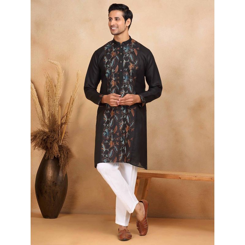 KRAFT INDIA LUXE Men Black Embroidered Kurta with Stole (Set of 2) (36)