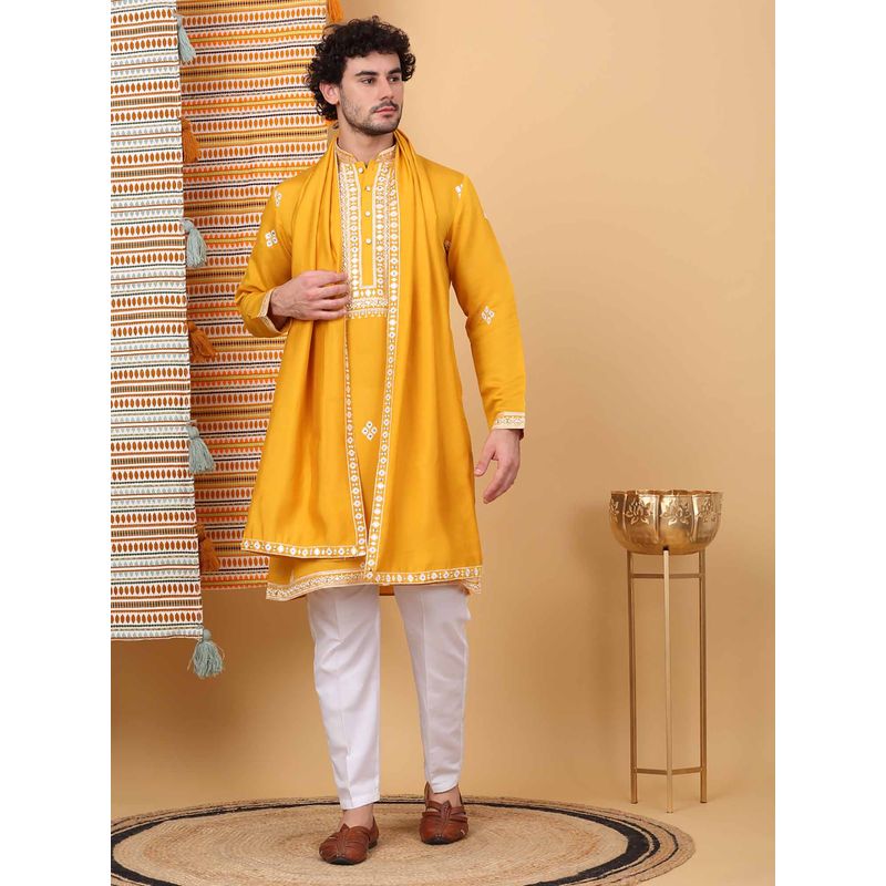 KRAFT INDIA LUXE Men Yellow Embroidered Kurta with Trouser with Stole (Set of 3) (40)