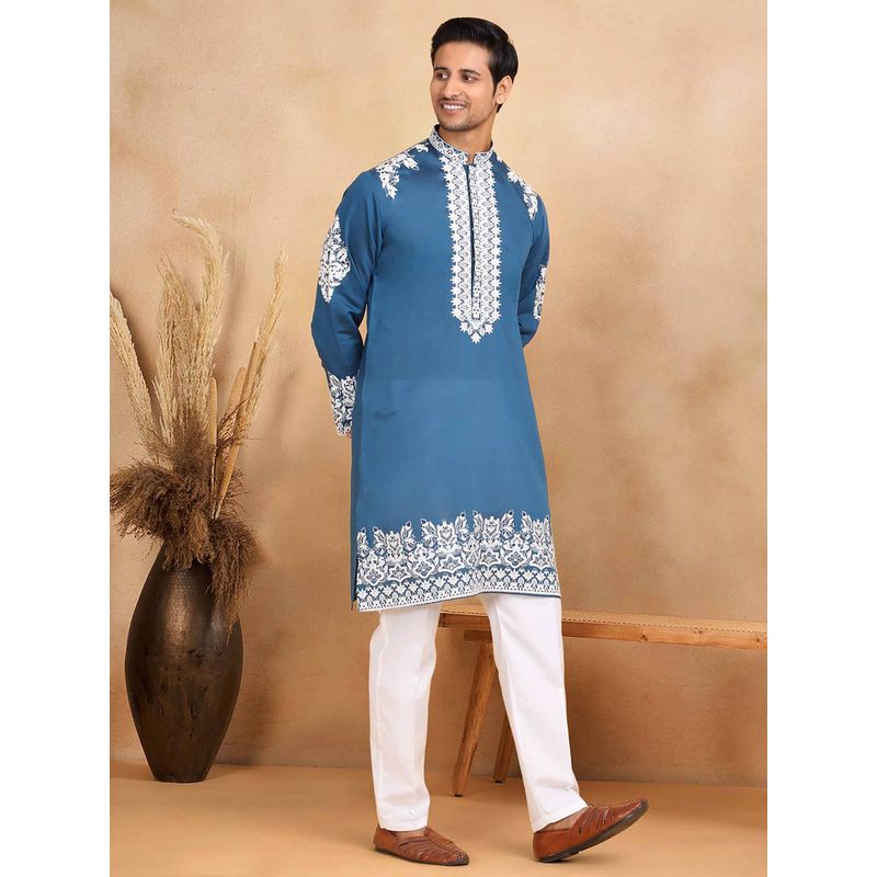 KRAFT INDIA LUXE Men Blue Embroidered Kurta with Stole (Set of 2) (44)