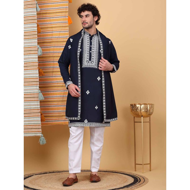 KRAFT INDIA LUXE Men Navy Blue Embroidered Kurta with Trouser with Stole (Set of 3) (42)