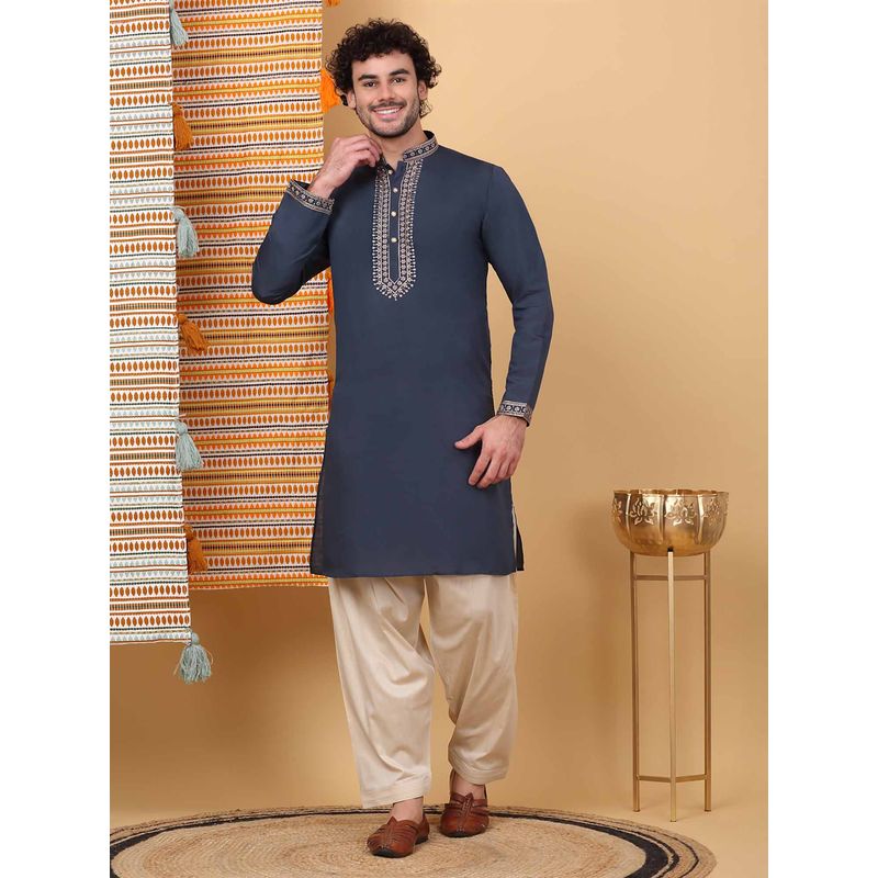 KRAFT INDIA LUXE Men Navy Blue Embroidered Kurta with Salwar (Set of 2) (40)