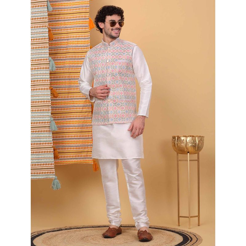 KRAFT INDIA LUXE Men Cream Embroidered Kurta with Churidar and Nehru Jacket (Set of 3) (36)