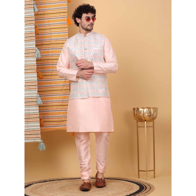 KRAFT INDIA LUXE Men Peach Embroidered Kurta with Churidar and Nehru Jacket (Set of 3) (40)