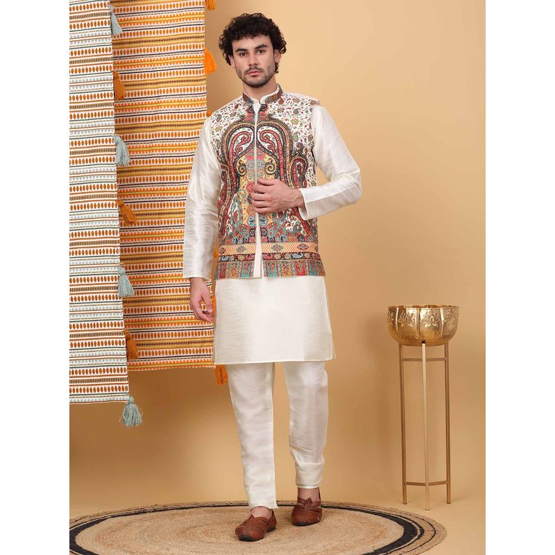 KRAFT INDIA LUXE Men Cream Paisley Kurta with Churidar and Nehru Jacket (Set of 3) (42)