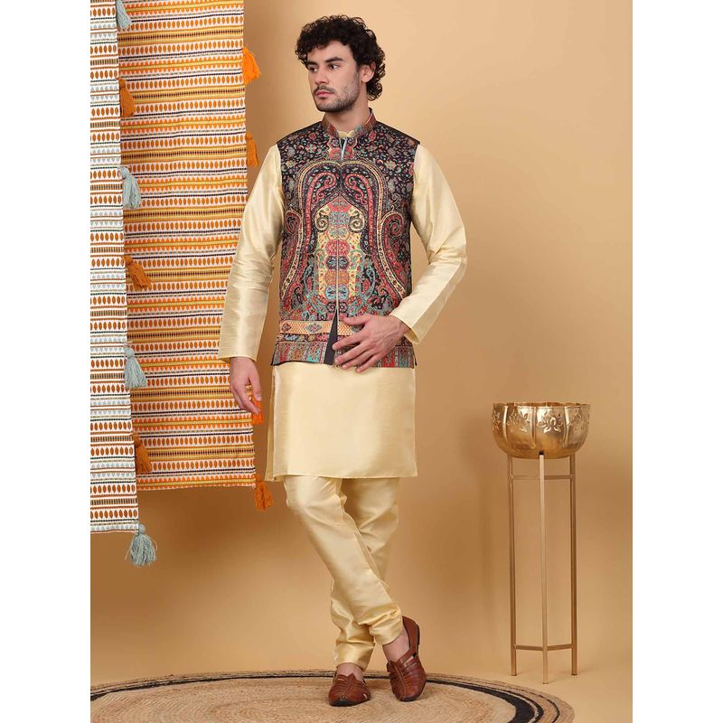 KRAFT INDIA LUXE Men Beige Paisley Kurta with Churidar and Nehru Jacket (Set of 3) (36)