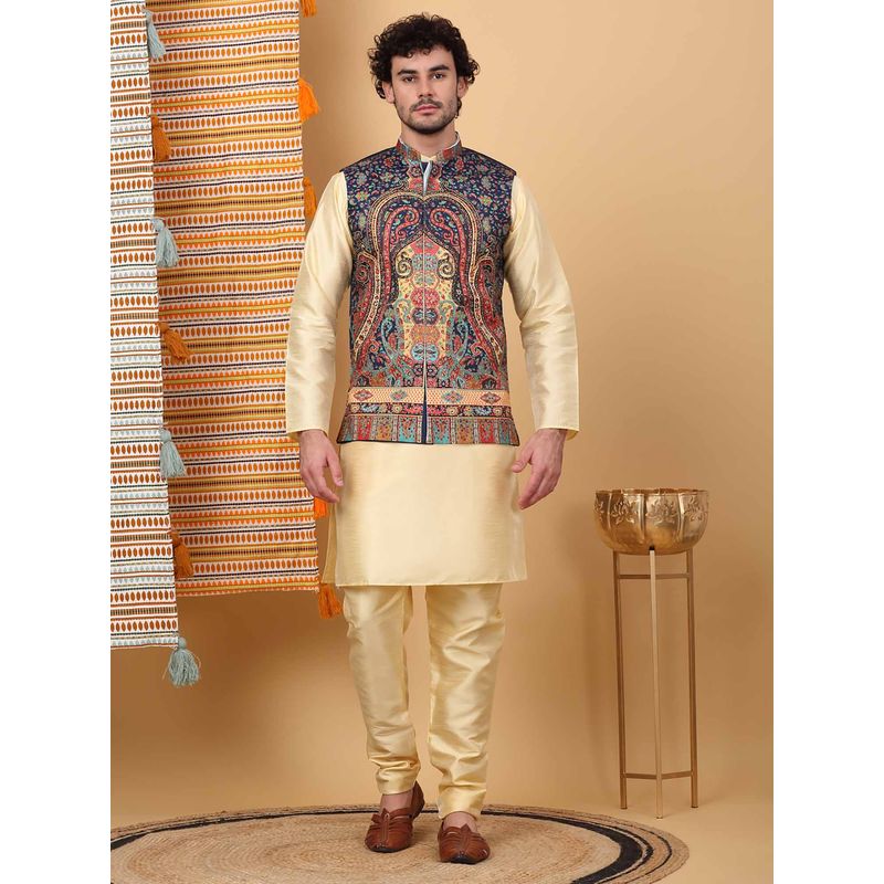 KRAFT INDIA LUXE Men Beige Paisley Kurta with Churidar and Nehru Jacket (Set of 3) (40)