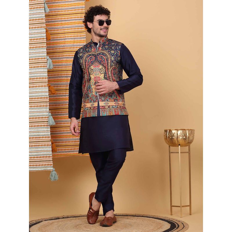 Kraft India Men Navy Blue Paisley Kurta with Churidar and Nehru Jacket (Set of 3) (40)