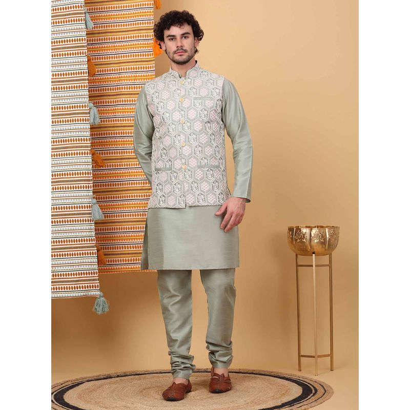 KRAFT INDIA LUXE Men Olive Embroidered Kurta with Churidar and Nehru Jacket (Set of 3) (44)