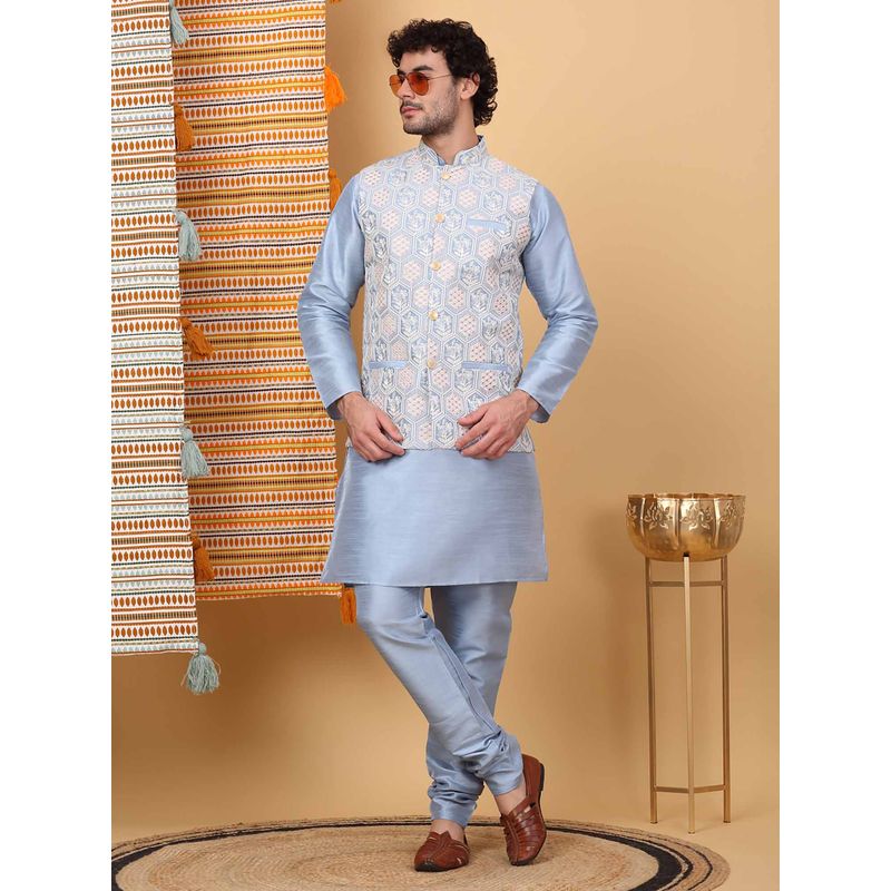 KRAFT INDIA LUXE Men Turquoise Embroidered Kurta with Churidar and Nehru Jacket (Set of 3) (36)