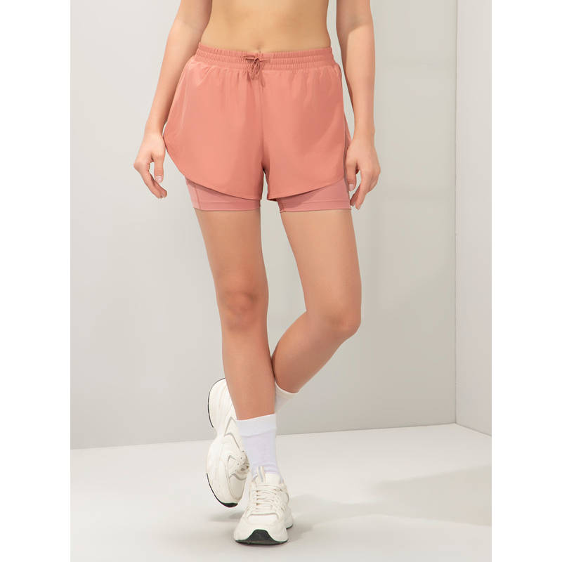 Amante Women Peach Relaxed Fit Double Layered Active Shorts (L)