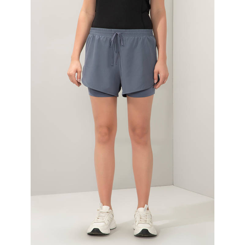 Amante Women Grey Relaxed Fit Double Layered Active Shorts (XL)