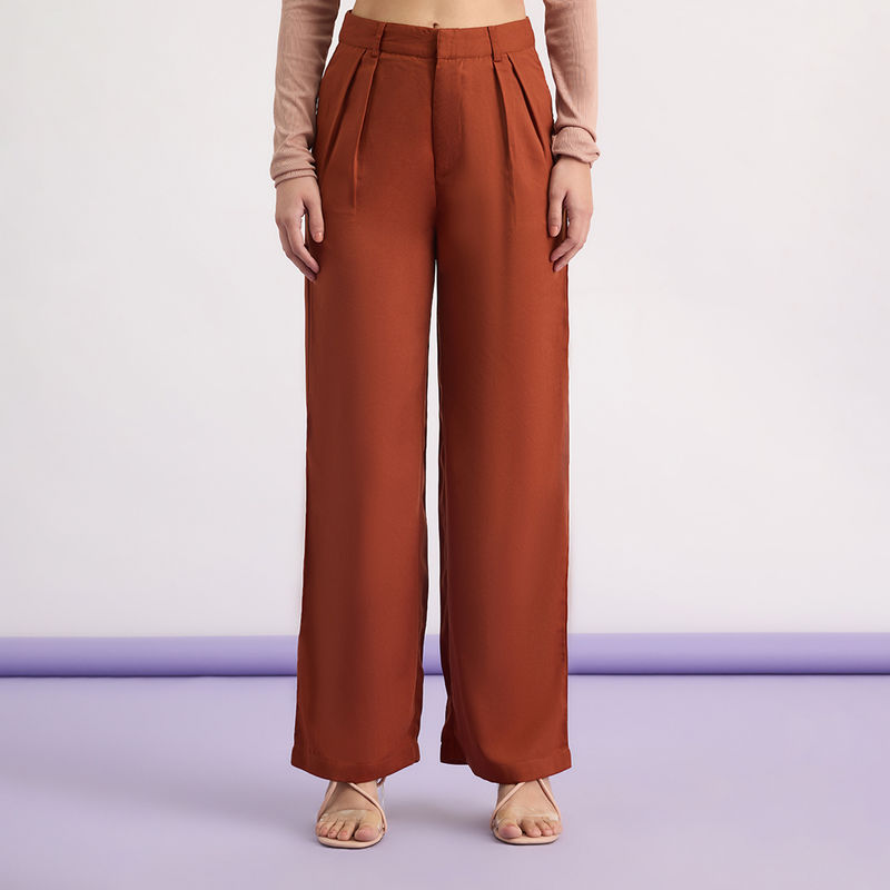 Brown Solid High Waist Straight Fit Korean Pants (28)