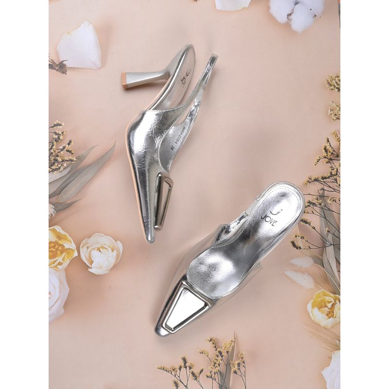 Jove Women Silver Textured Mules Heels (EURO 39)