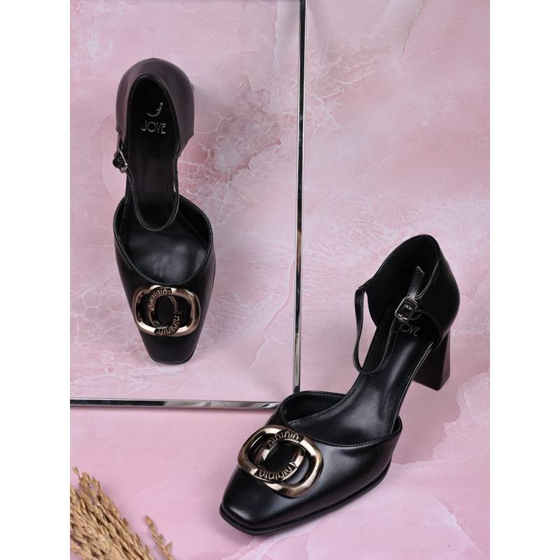 Jove Women Black Solid Sandal Heels (EURO 36)