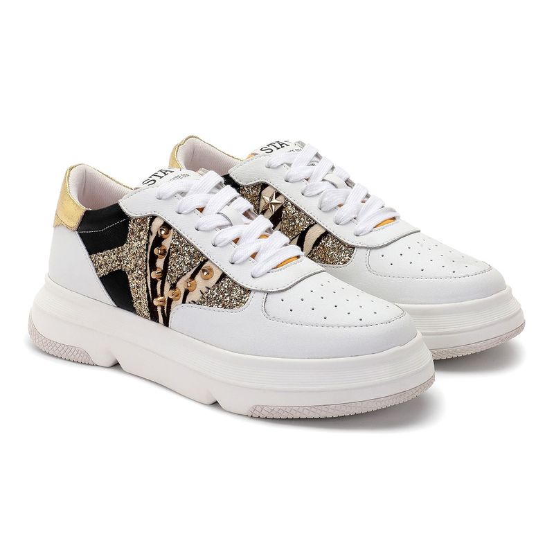 Whitesta Pu Coated White Leather And Gold Studd Women Sneaker (EURO 36)