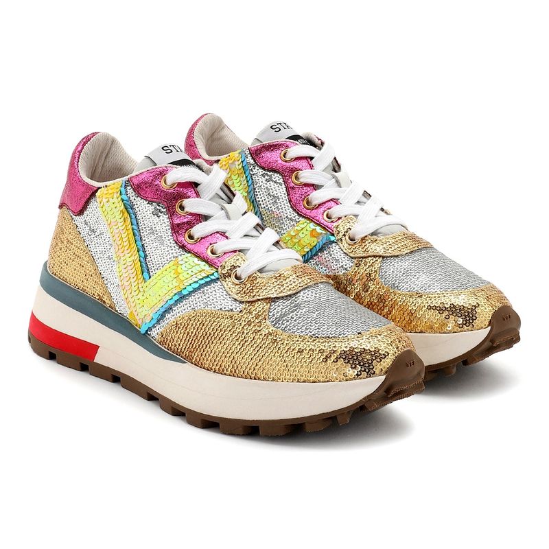 Whitesta Sequence Multi Gold Fabric Pu Leather Women Sneaker (EURO 36)