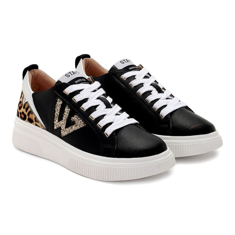 Whitesta Black Pu Leather Women Sneaker (EURO 39)