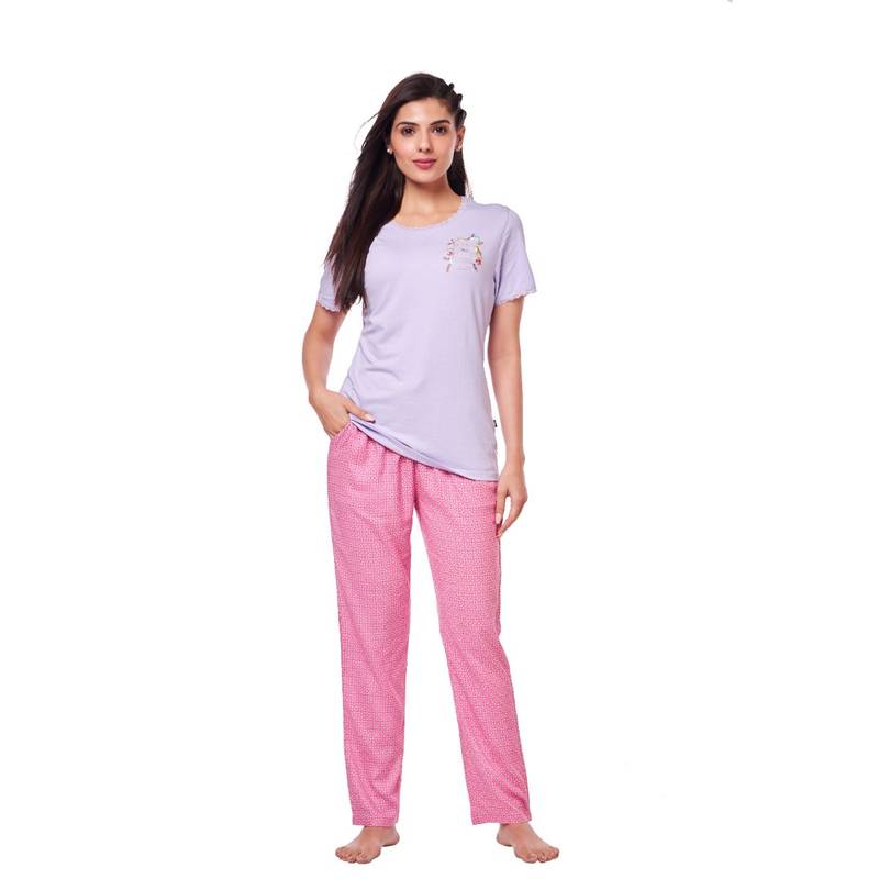 July Nightwear For Women Embroidery Cotton T-Shirt - Pyjama-Pc845 - Lilac (M)