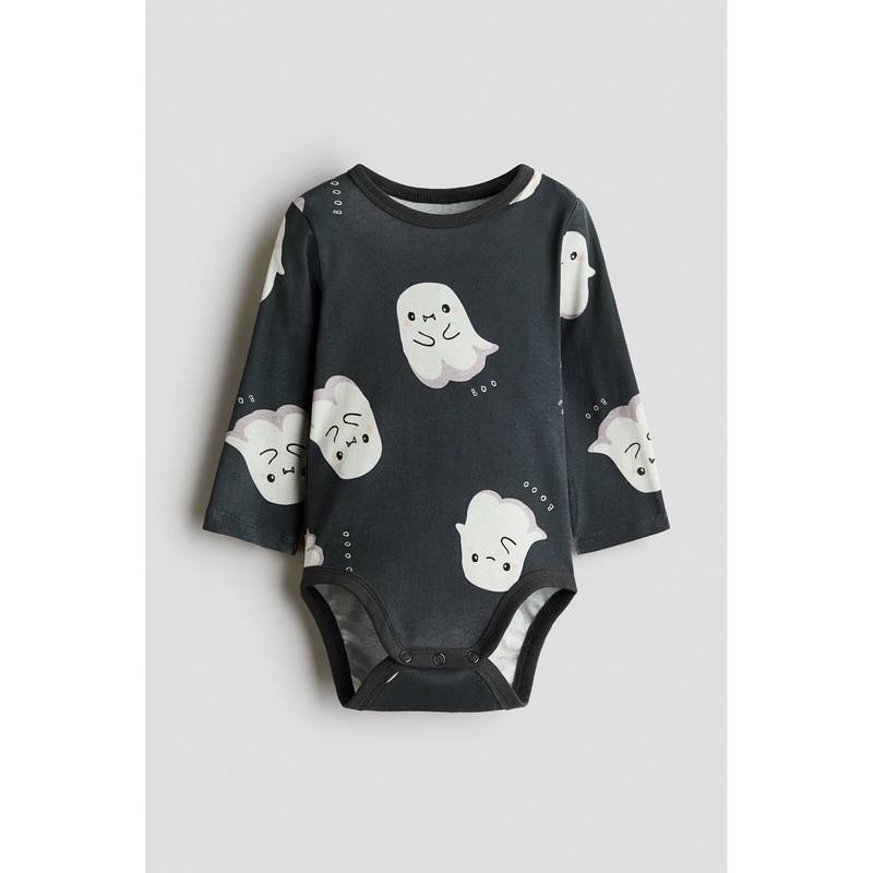 H&M Girls Grey Printed Cotton Bodysuit (1-2 Months)