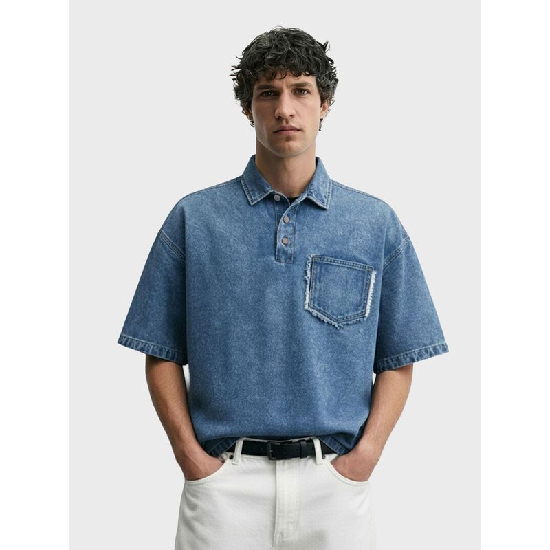 The Indian Garage Co Men Blue Boxy Fit Solid Round Neck Half Sleeves Polo T-Shirt (XL)