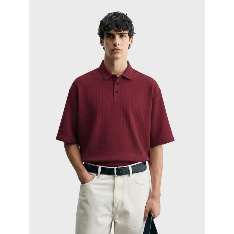 The Indian Garage Co Men Maroon Boxy Fit Textured Round Neck Polo T-Shirt (S)