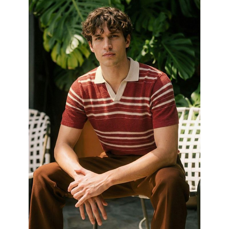 The Indian Garage Co Men Rust Slim Fit Striped Half Sleeves Polo T-Shirt (S)