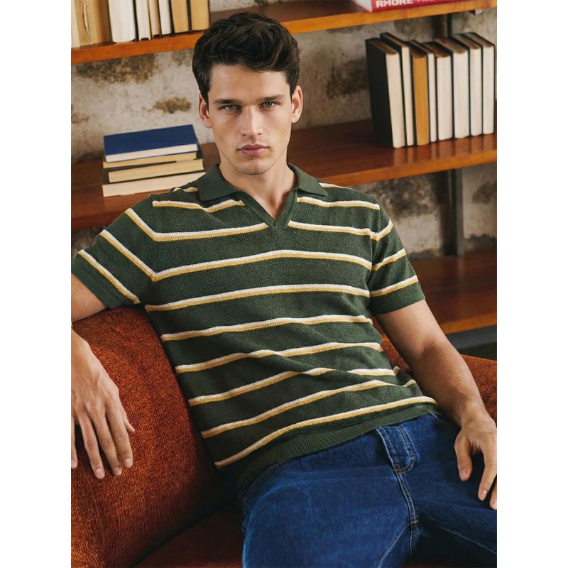 The Indian Garage Co Men Green Slim Fit Striped Half Sleeves Polo T-Shirt (S)