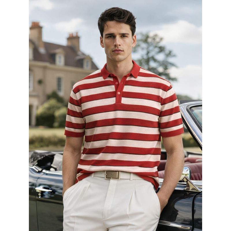 The Indian Garage Co Men Rust Slim Fit Striped Half Sleeves Polo T-Shirt (S)