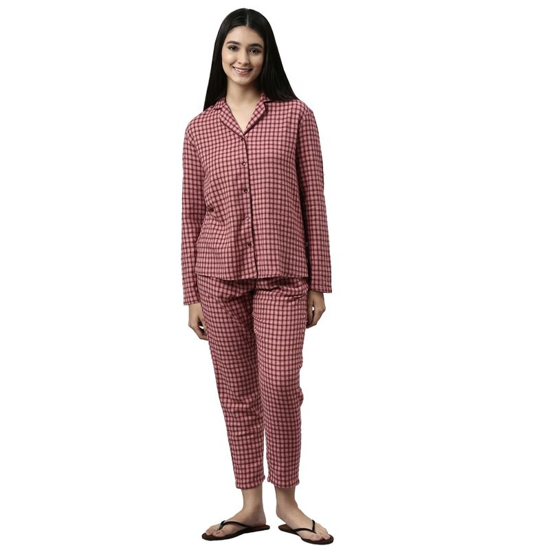Enamor Womens Essentials Ec20-Cotton Flannel Woven Lazy Shirt And Pant Set-Rosewater Plaid Aop (L)