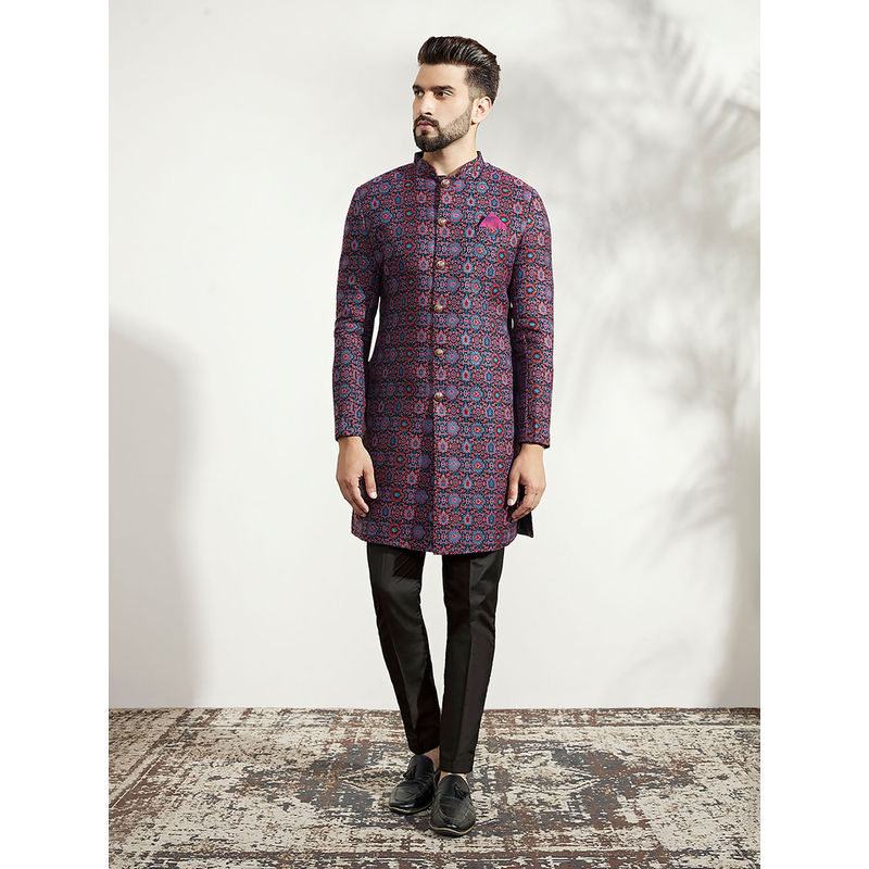 KISAH Men Multi Coloured Textured Silk Blend Jacquard Indowestern Sherwani Trouser Set with Zari Design (40)