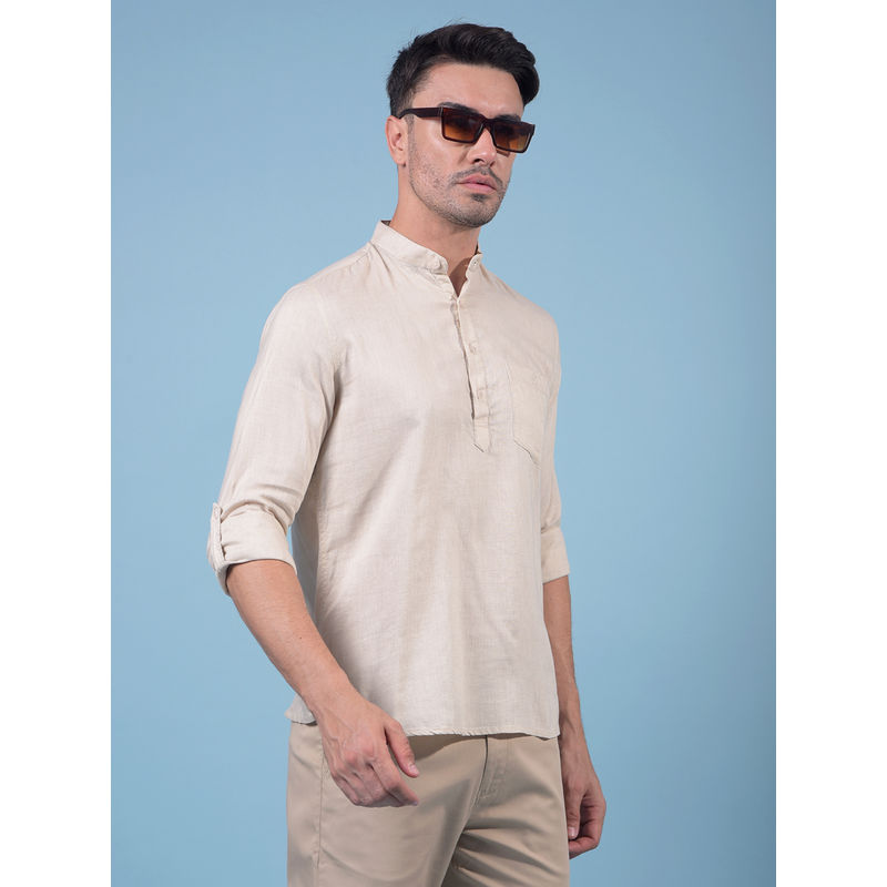 CRIMSOUNE CLUB Men Beige Linen Short Kurta (L)