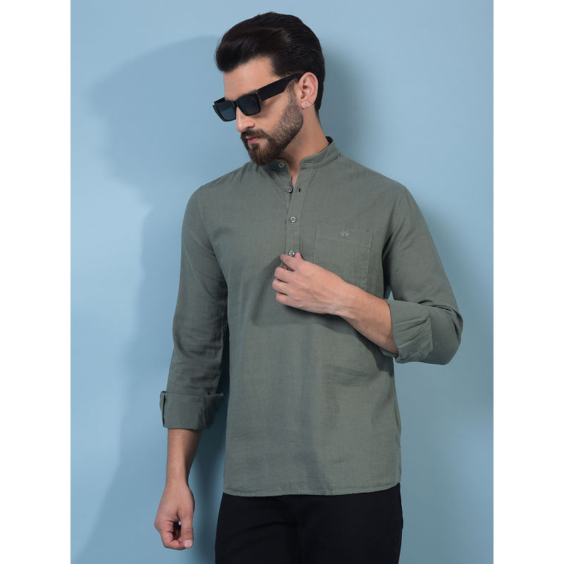 CRIMSOUNE CLUB Men Green Linen Short Kurta (L)