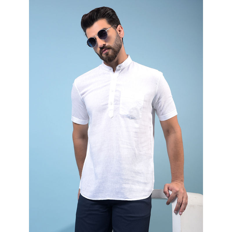 CRIMSOUNE CLUB Men White Textured Linen Short Kurta (XL)