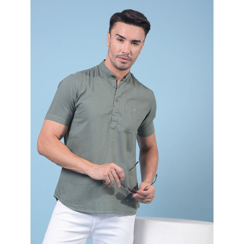 CRIMSOUNE CLUB Men Green Linen Short Kurta (M)