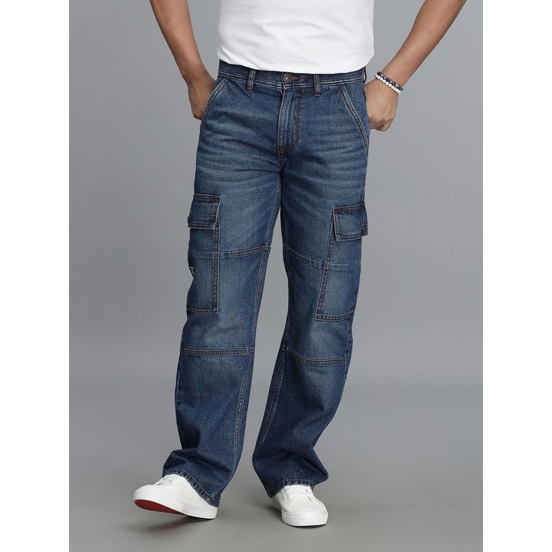 ROOKIES Med Blue Loose Fit Denim Cargo Pant (34)
