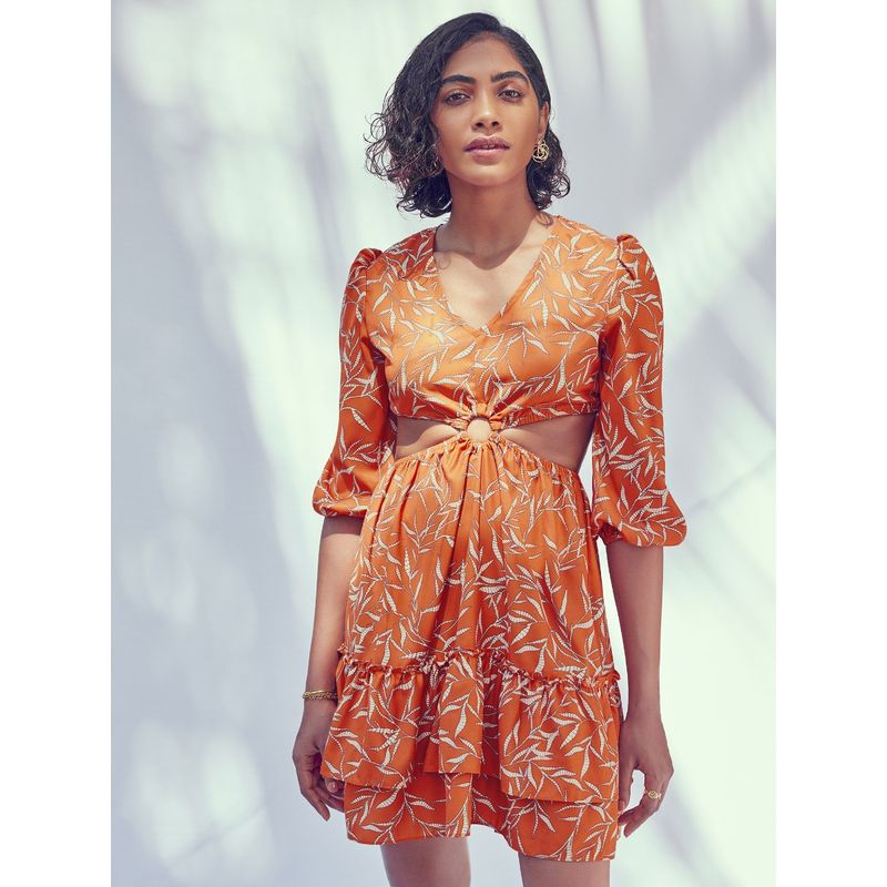 The Label Life Abstract Leaf Print Orange Mini Dress (XS)