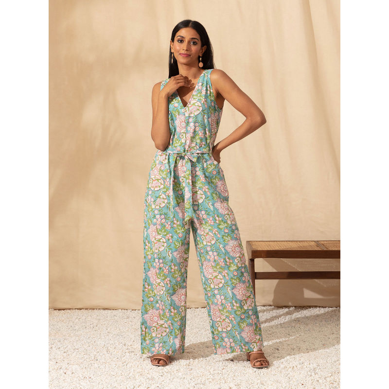 Likha Turquoise Jaipuri Printed Cotton Jumpsuit With Belt LIKJS01 (S)