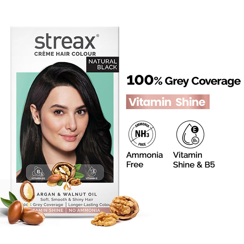 Streax Cream Hair Colour With 100% Grey Coverage & No Ammonia - 1 Natural Black