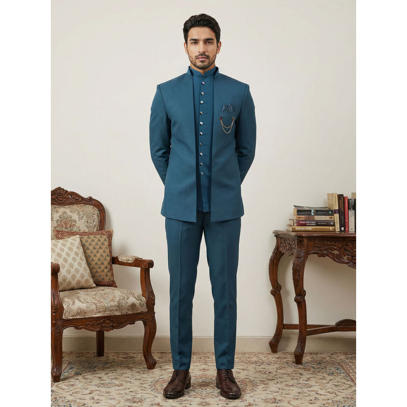 Jompers Teal Cotton Blend Solid Indo-Western Kurta with Sherwani with Pant (XL)