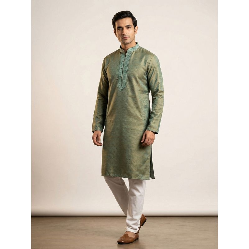 ETHNIC INDIA Teal Men Woven Design Polyester Kurta (42)