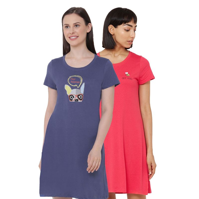 SOIE Women Super-Soft Cotton Modal Nightdress (Pack Of 2) - Multi-Color (L)